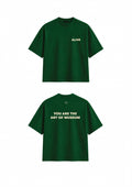 Green t-shirt with text on front and back on a white background