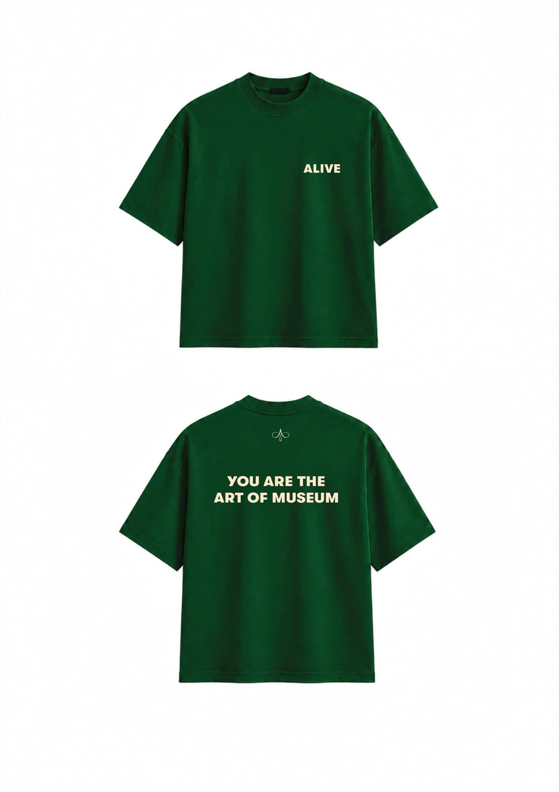 Green t-shirt with text on front and back on a white background