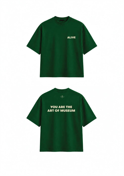 Green t-shirt with text on front and back on a white background