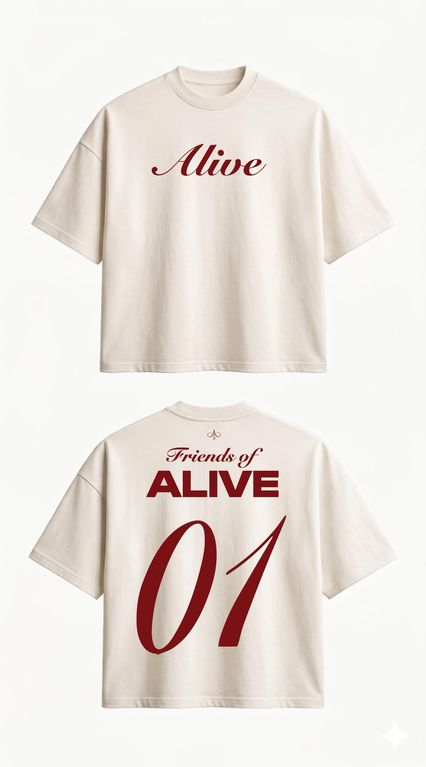 Beige t-shirt with 'Alive' text on front and back